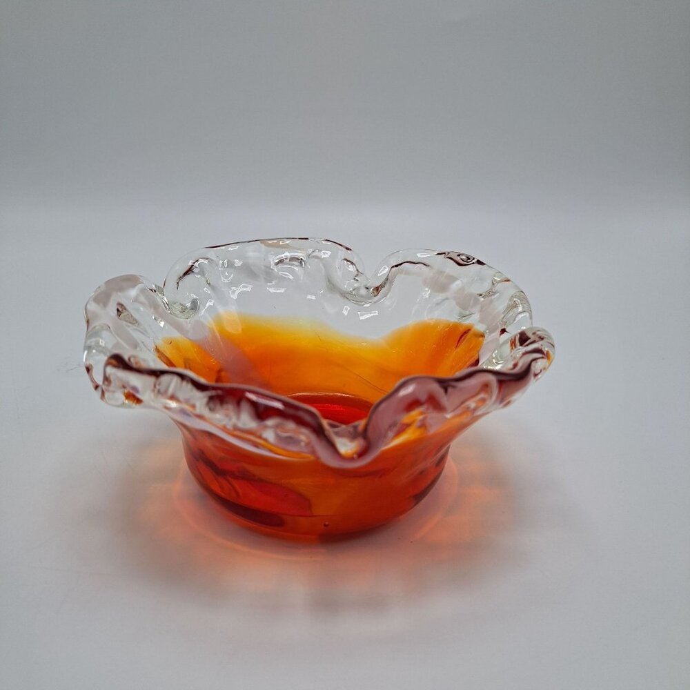 Art Glass Crimped Ruffled Edge Red Orange Clear Bowl Ashtray